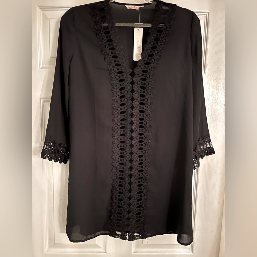 Miyang Women Sz M Regal Black Crochet Lace Tunic Blouse 3/4 Sleeve Pull Over.